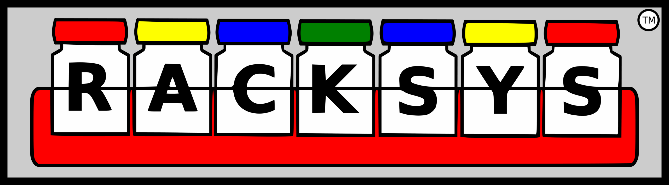 RACKSYS logo: seven jars with colorful lids (red, yellow, blue, green, blue, yellow, red) on a red rack, each jar spelling out a letter of "RACKSYS" in black. Trademark symbol in top right. Gray background, black border.